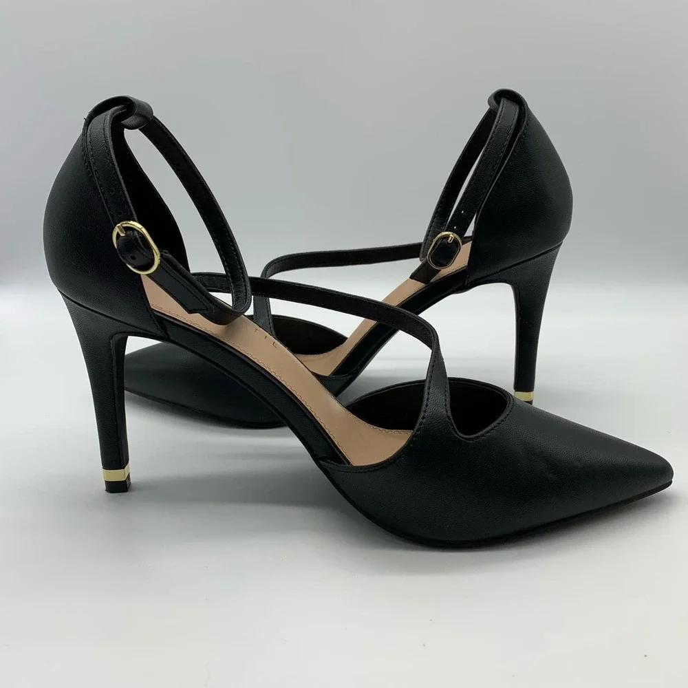 Kelly & Katie Pointed Toe Black Strappy Black Pumps With Gold Trim Heel Sz 10M - Picture 6 of 12